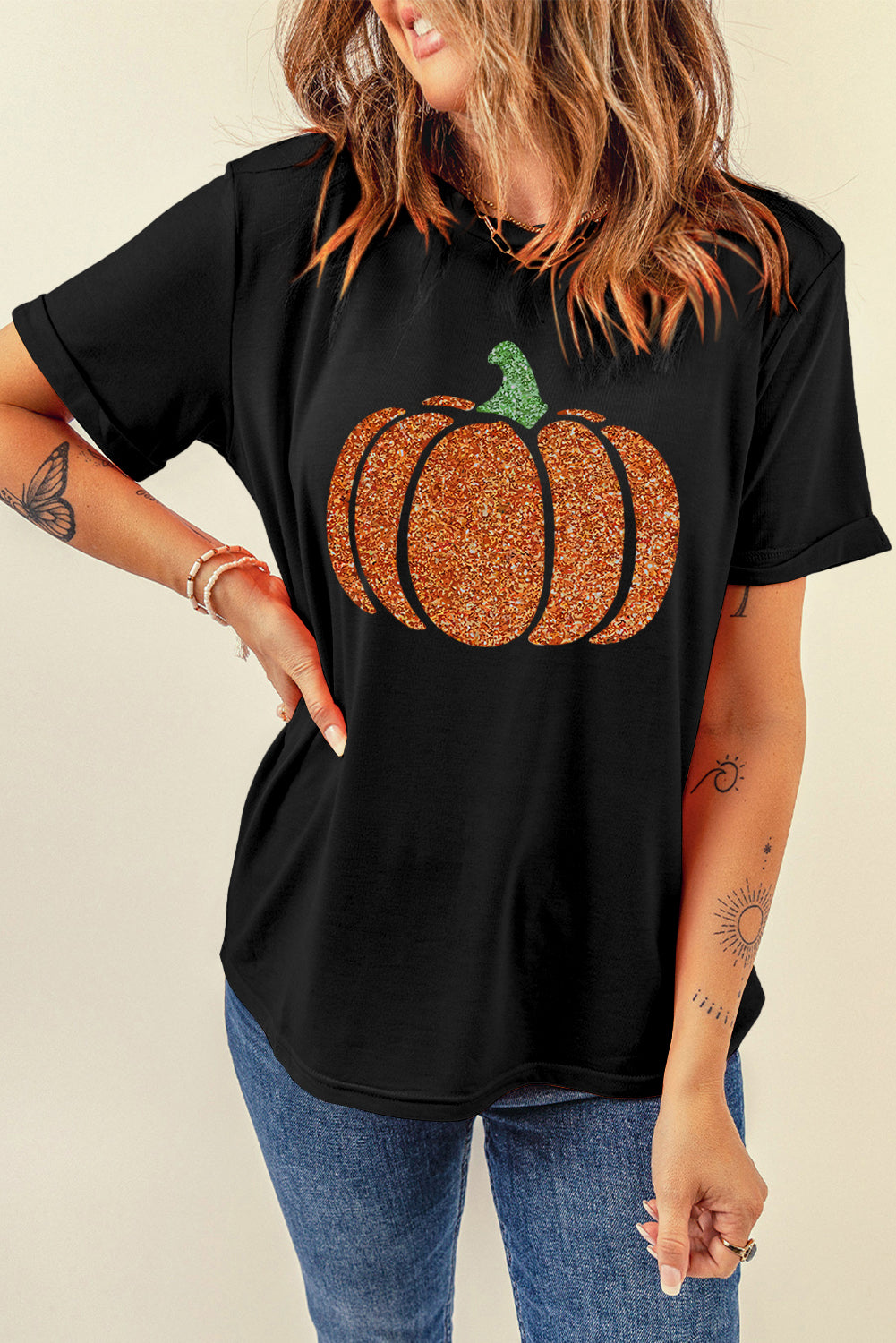 Glittering Pumpkin Graphic Halloween T Shirt | Black