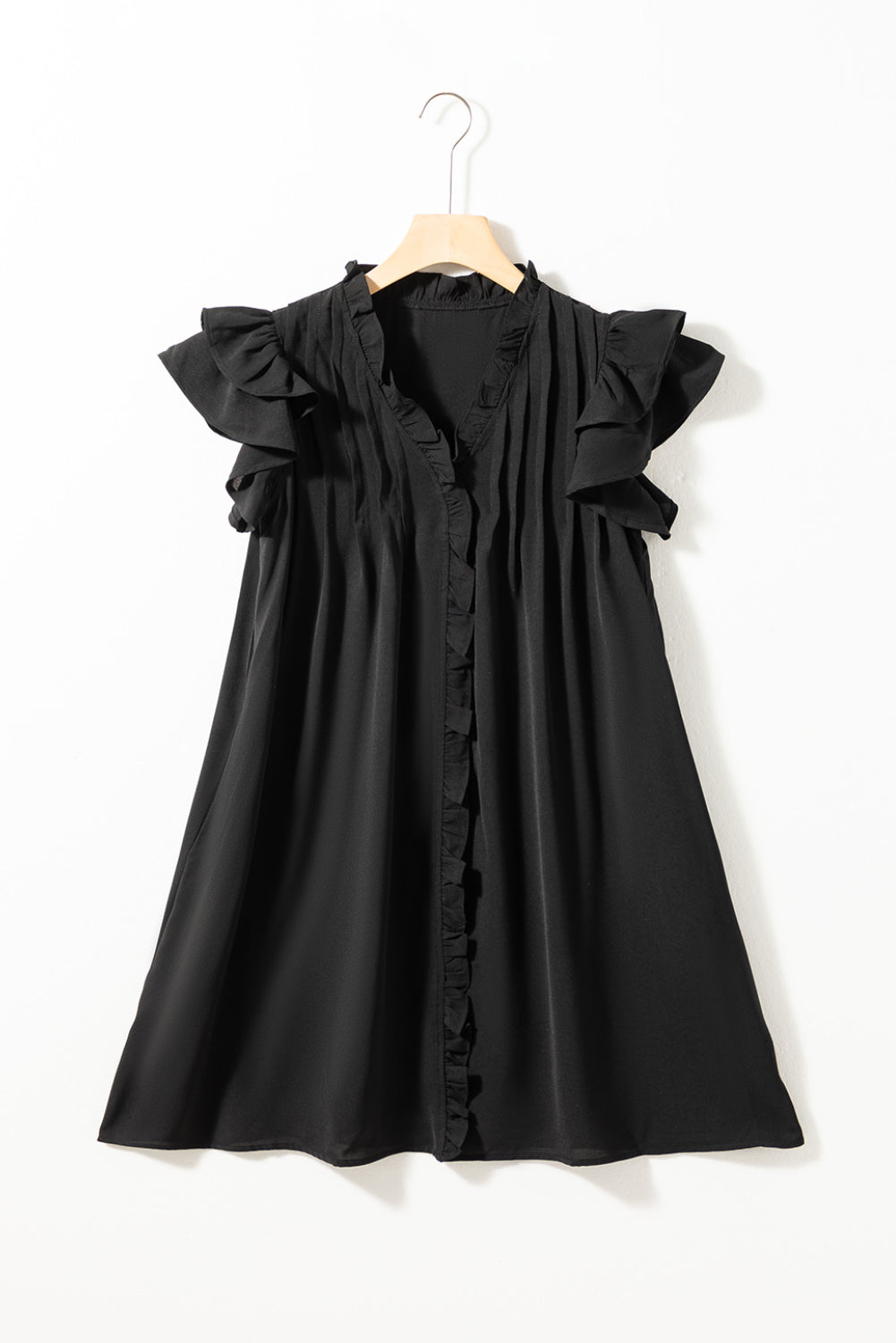 Ruffle Sleeve V Neck Frilled Shift Dress | Black