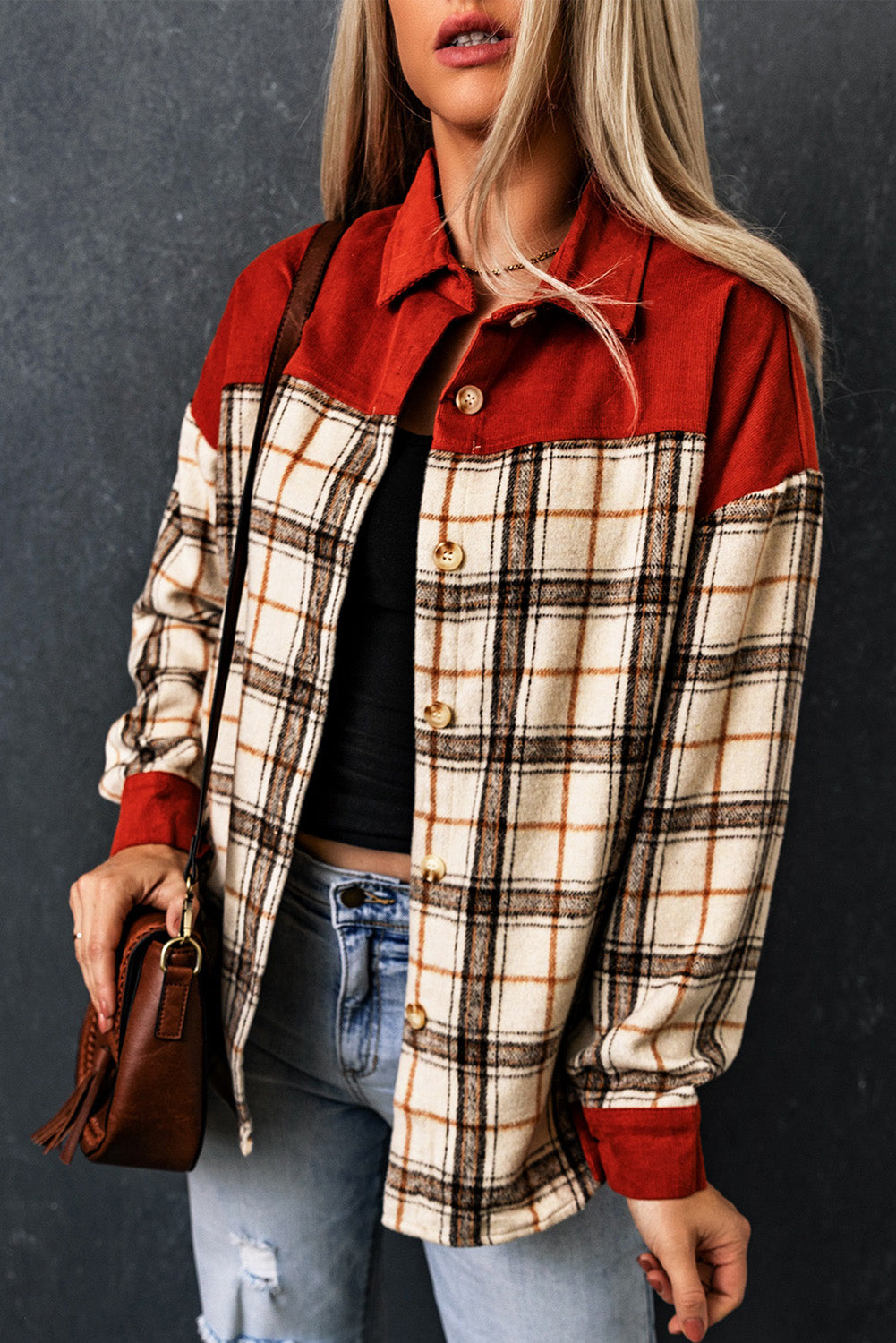 Contrast Corduroy Plaid Shacket | Orange