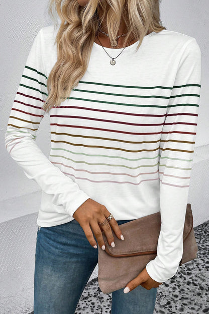 Multicolour Striped Crew Neck Long Sleeve Top | White