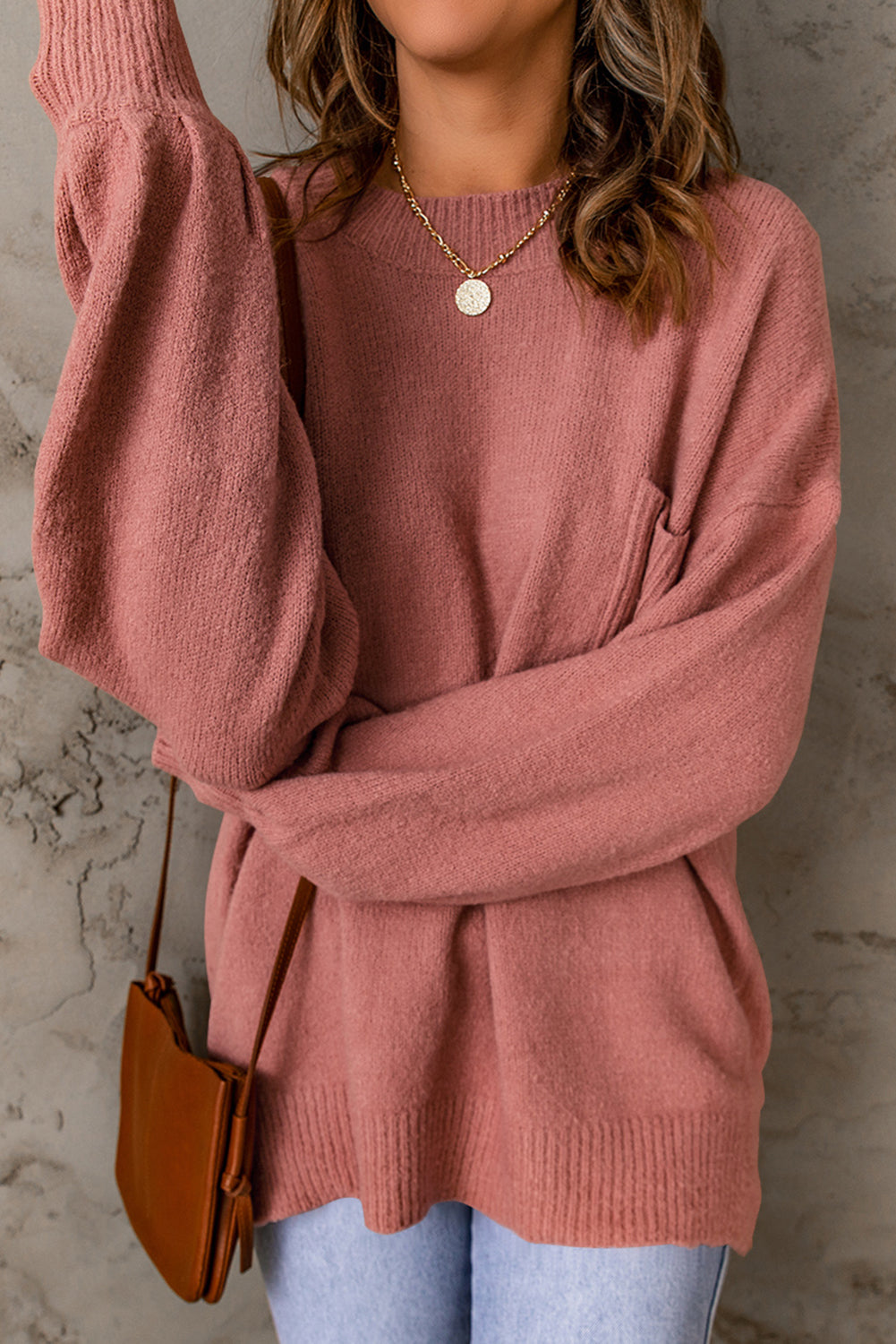 Solid Colour Puffy Sleeve Pocketed Sweater | Red