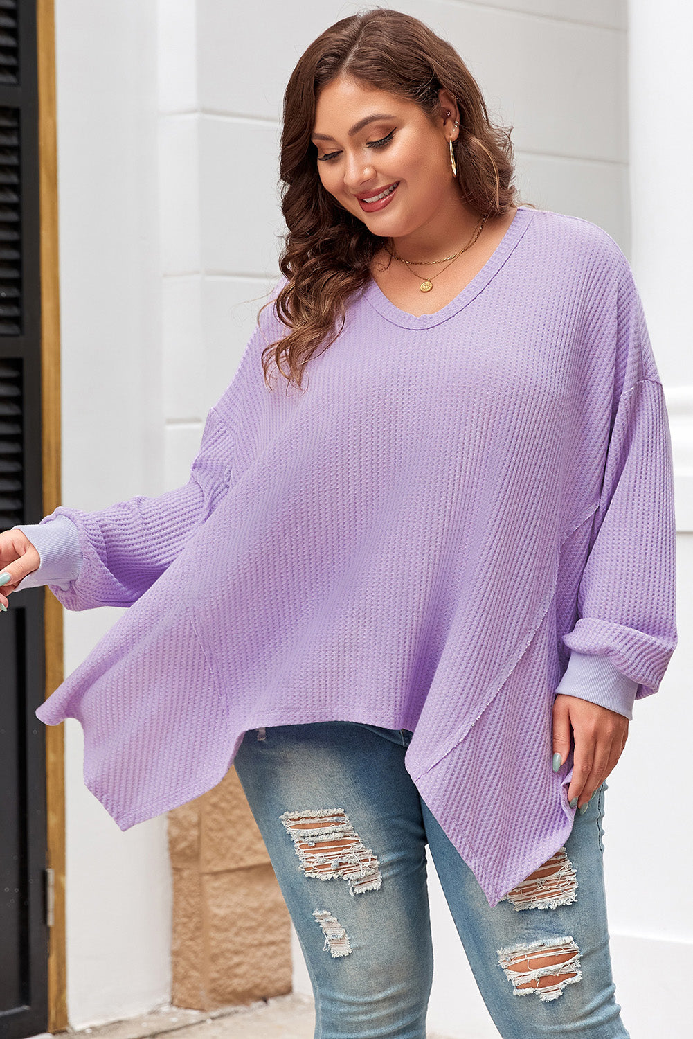 Plus Size Waffle Knit Exposed Seam Flowy Top | Orchid Petal