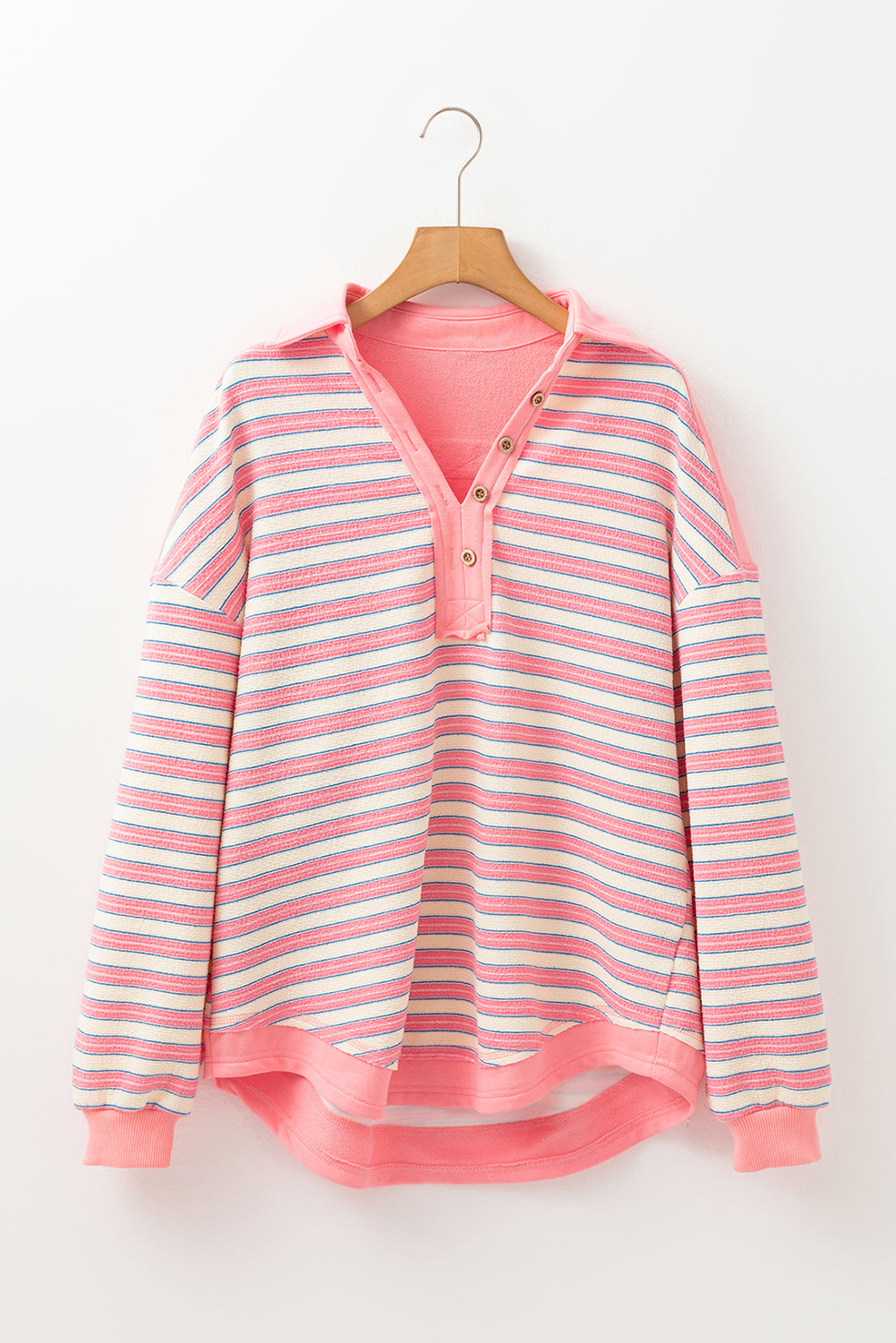 Buttoned V Neck Collared Drop Shoulder Top | Pink Stripe