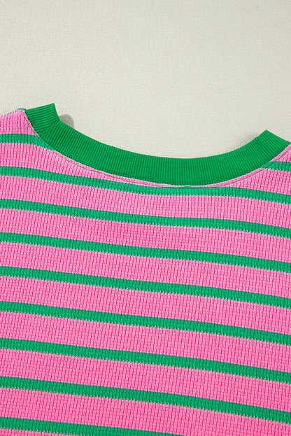 Waffle Knit Crew Neck Plus Size Sweatshirt | Pink Stripe