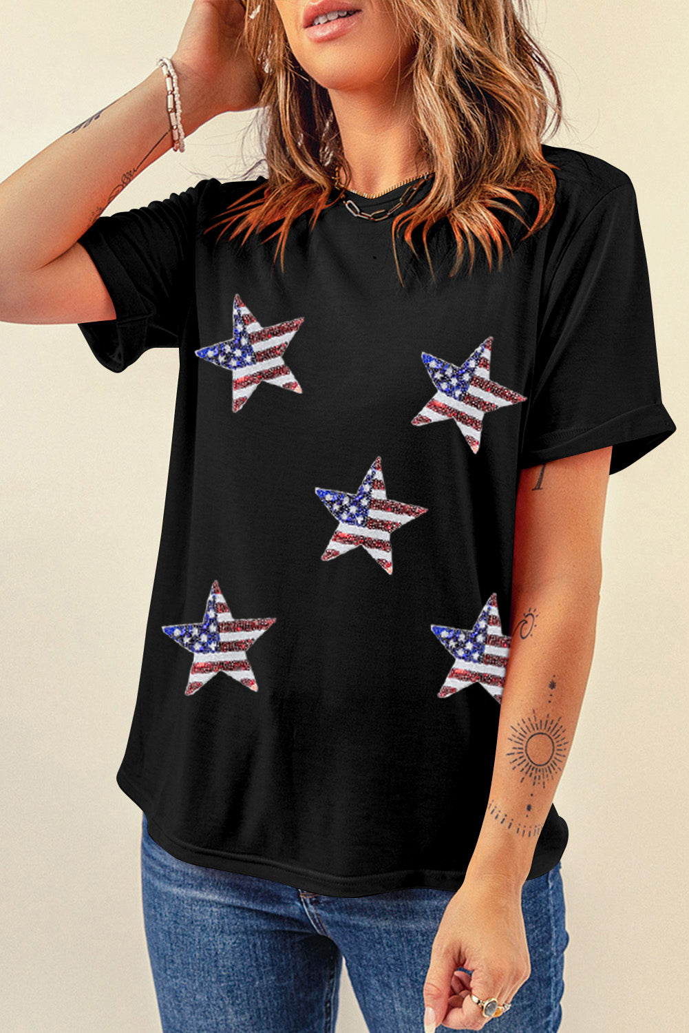 Sequined American Flag Star Graphic T Shirt | Black