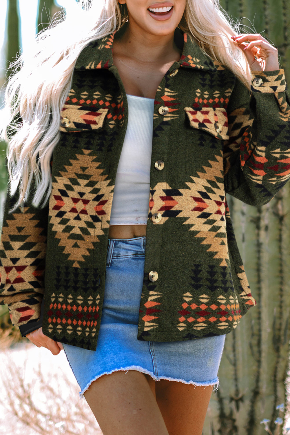 Aztec Print Flap Pockets Long Sleeve Shacket | Green