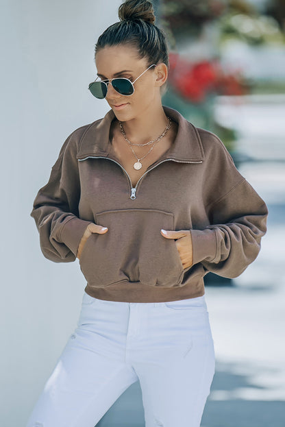 Zipped Turn Down Collar Cropped Sweatshirt With Pocket | Brown