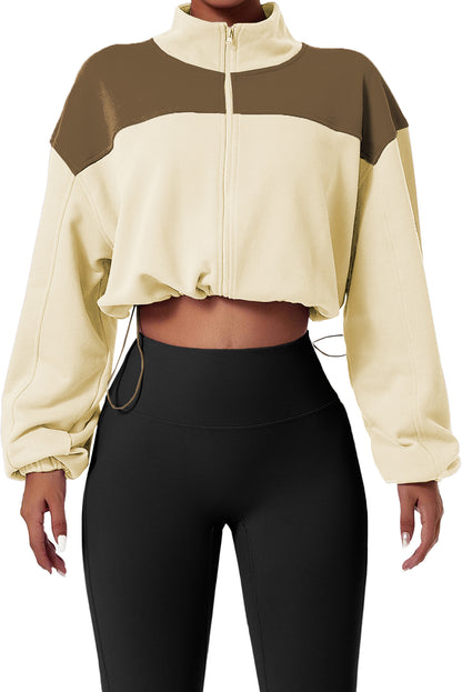 Colour Block Drawstring Cropped Athleisure Jacket | Beige