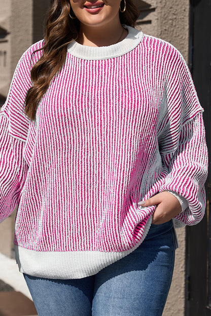 Striped Textured Knit Contrast Edge Loose Sweater | Bright Pink