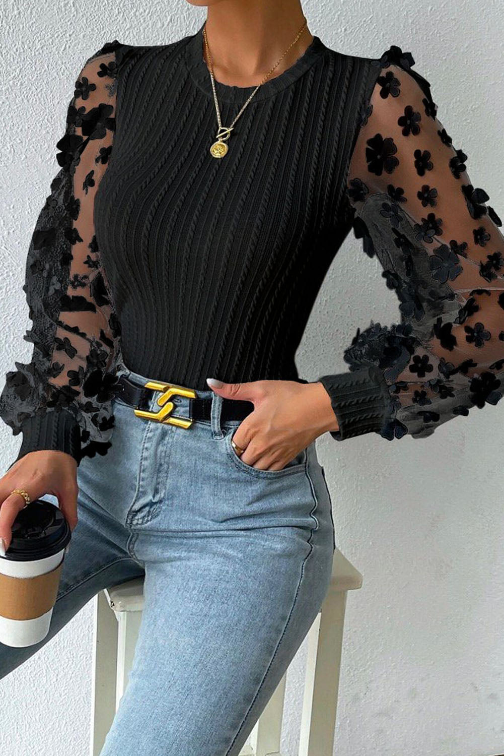 Floral Applique Mesh Sleeves Textured Knit Blouse | Black