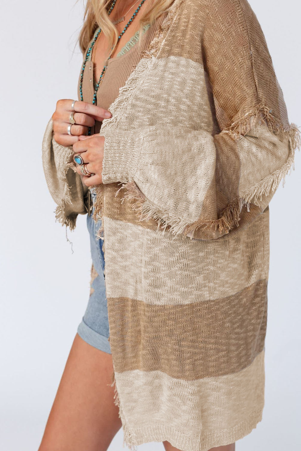 Lantern Sleeve Fringed Open Cardigan | Khaki Stripe