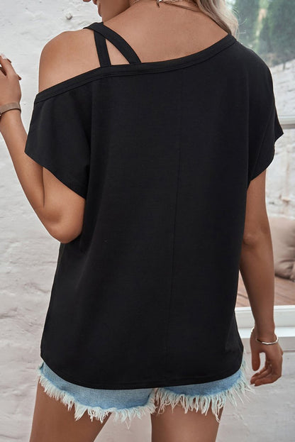 Asymmetric Criss Cross One Shoulder T Shirt | Black