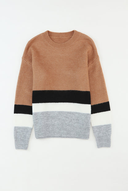 Colour Block Striped Ribbed Knit Sweater | Brown