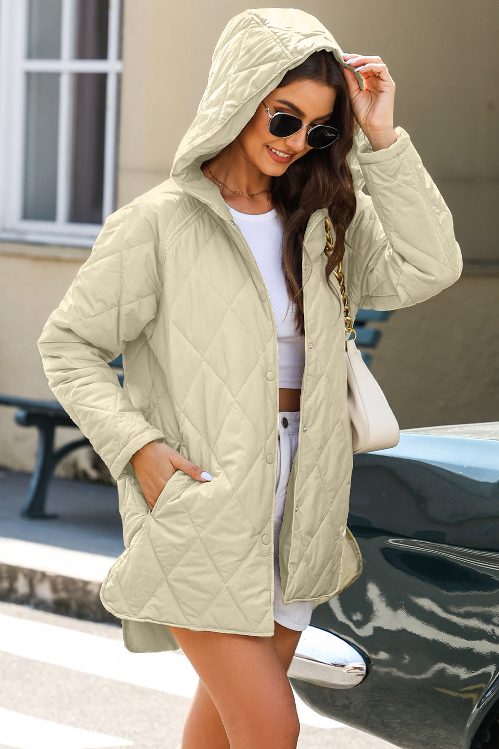 Quilted Snap Button Hooded Coat | Beige