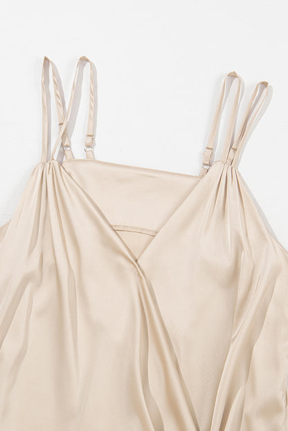 Wrap V Neck Ruched Satin Cami Top | Apricot