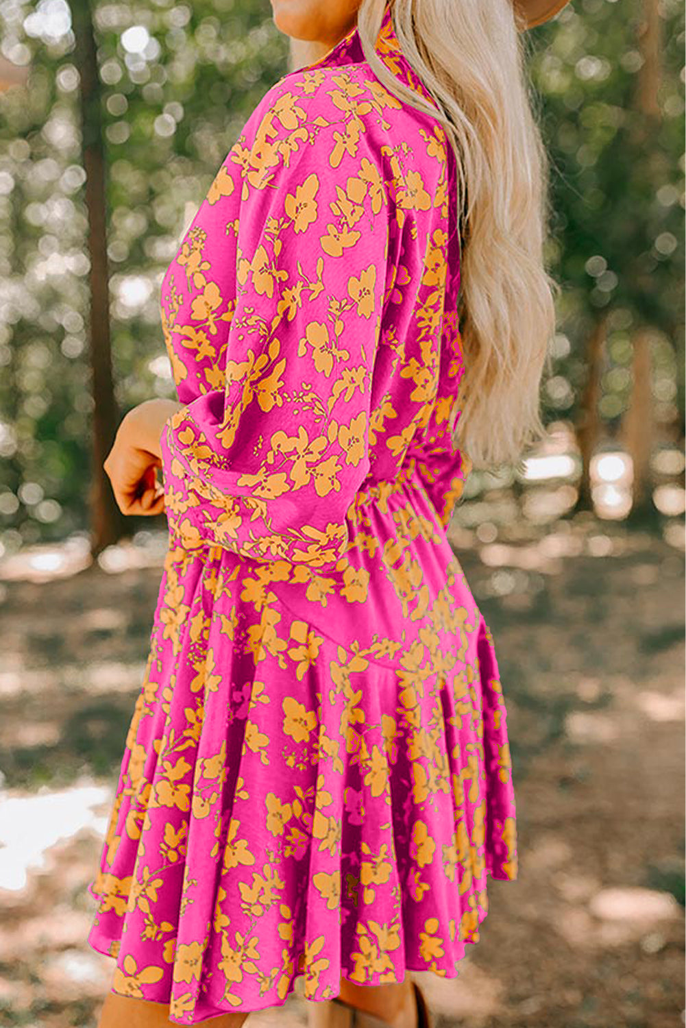 Floral Print Drawstring Tunic Flowy Short Dress | Pink