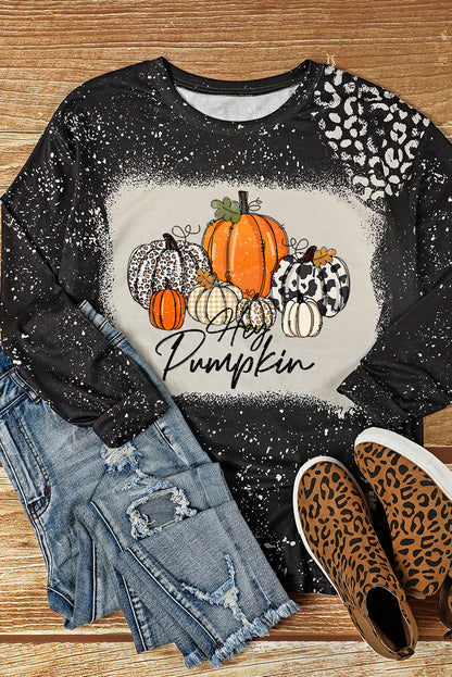 Leopard Bleached Pumpkin Graphic Long Sleeve Top | Black