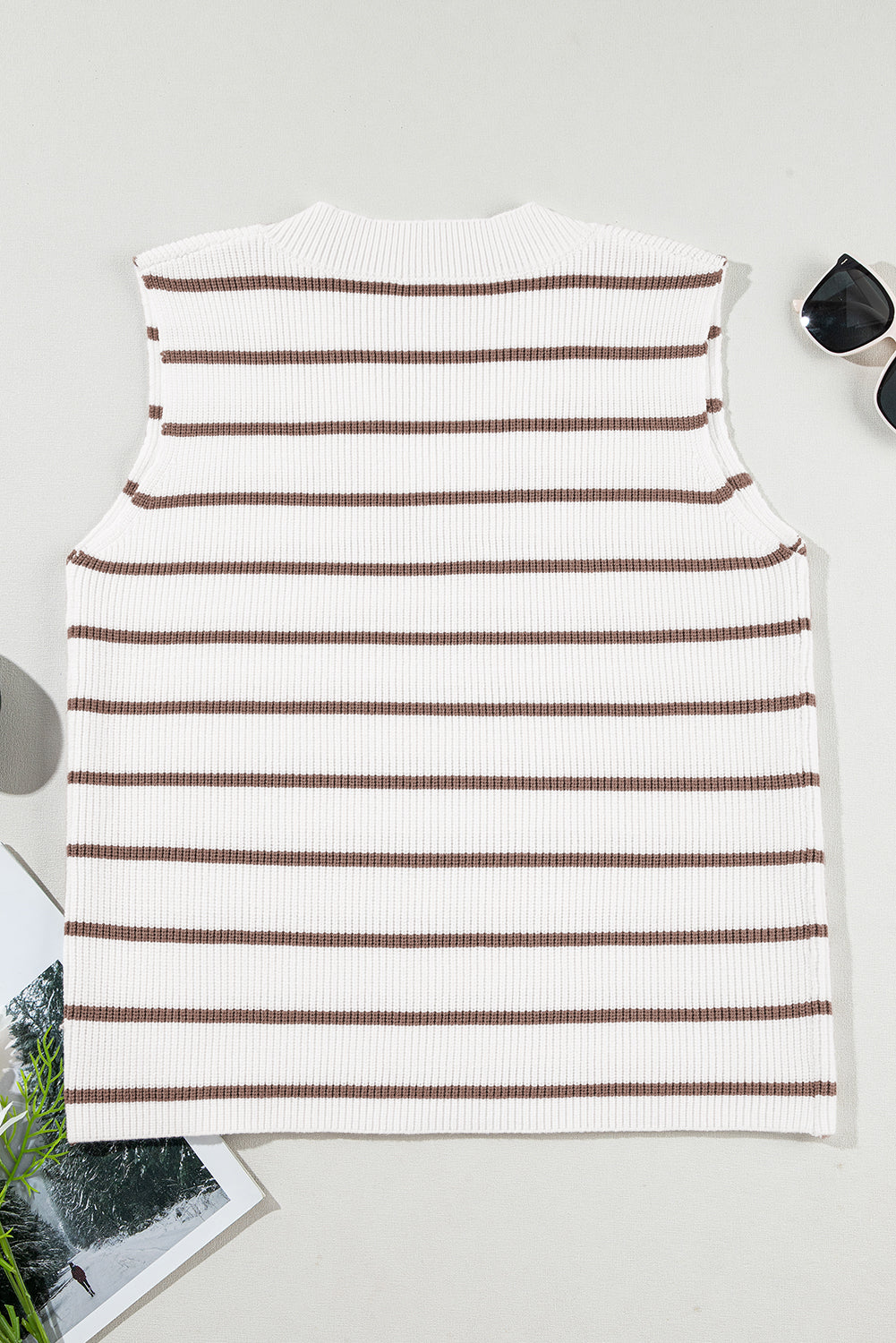 V Neck Knitted Loose Sweater Vest | Khaki Stripe