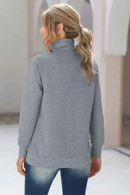 Quilted Snaps Stand Neck Pullover Sweatshirt With Fake Front Pocket | Gray