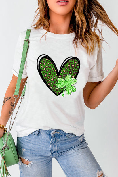 Clover Leopard Heart Shaped Print Crewneck Graphic Tee | White