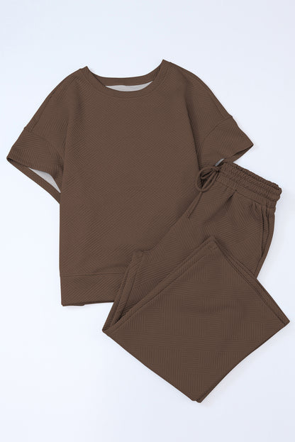 Textured Loose Fit T Shirt And Drawstring Pants Set | Brown