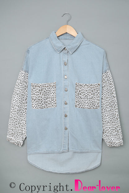 Contrast Leopard Denim Jacket | Sky Blue