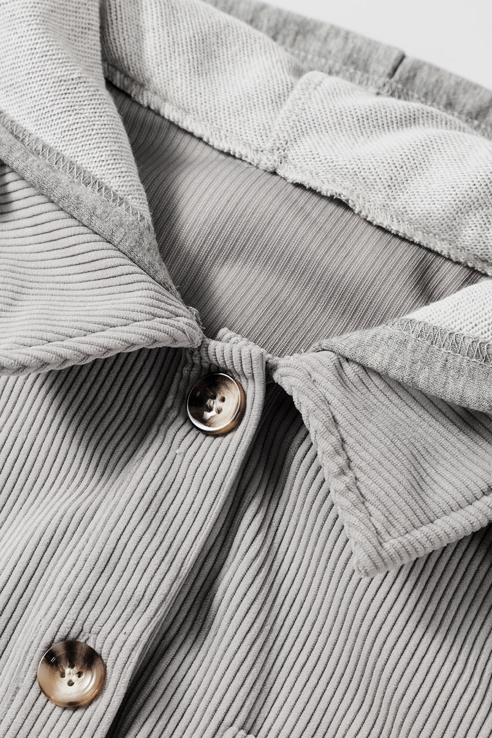 Hooded Drawstring Pockets Corduroy Shacket | Light Grey