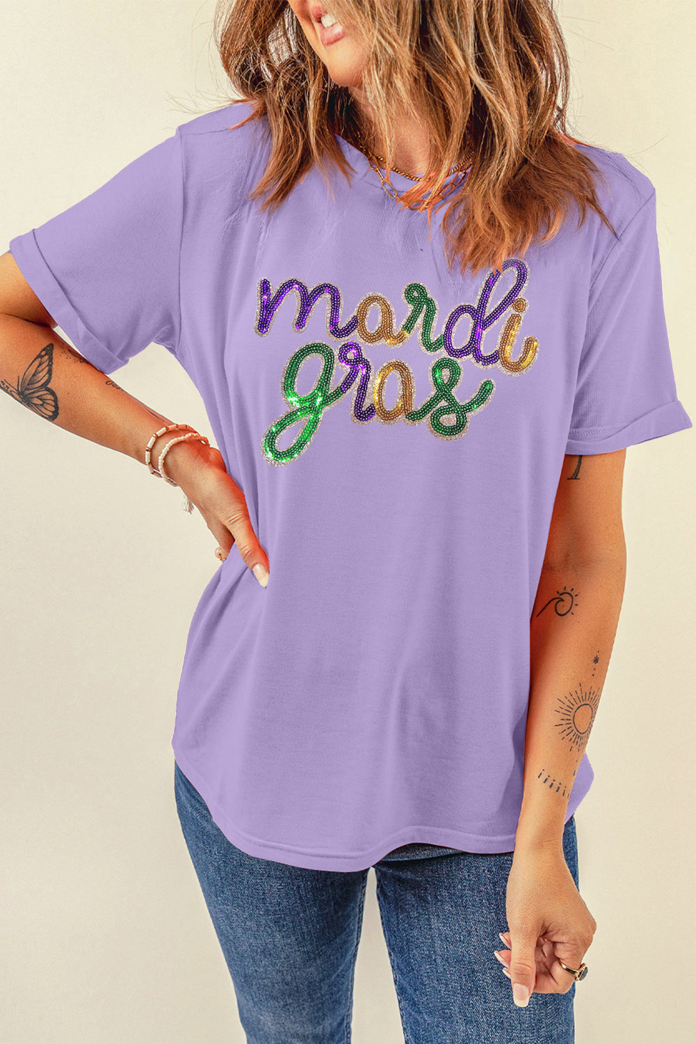 Sequin Mardi Gras Graphic T Shirt | Wisteria