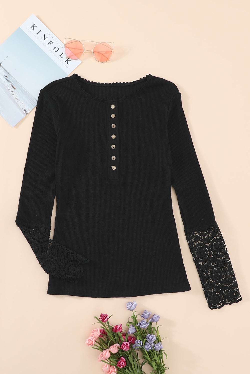 Crochet Lace Hem Sleeve Button Top | Black