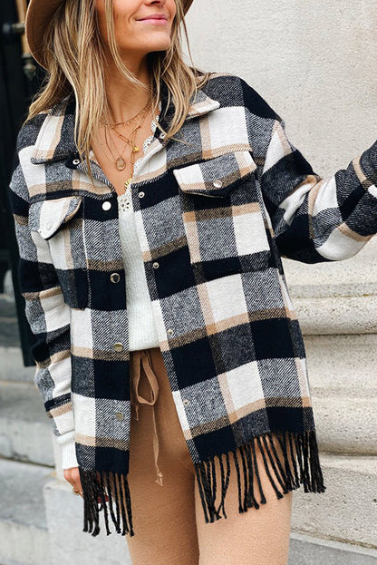 Plaid Snap Button Pocket Fringed Hem Jacket | Black