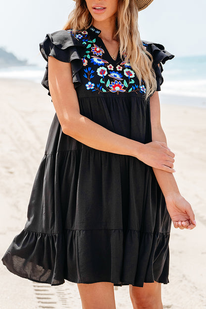 Floral Embroidered Tiered Ruffled Mini Dress | Black