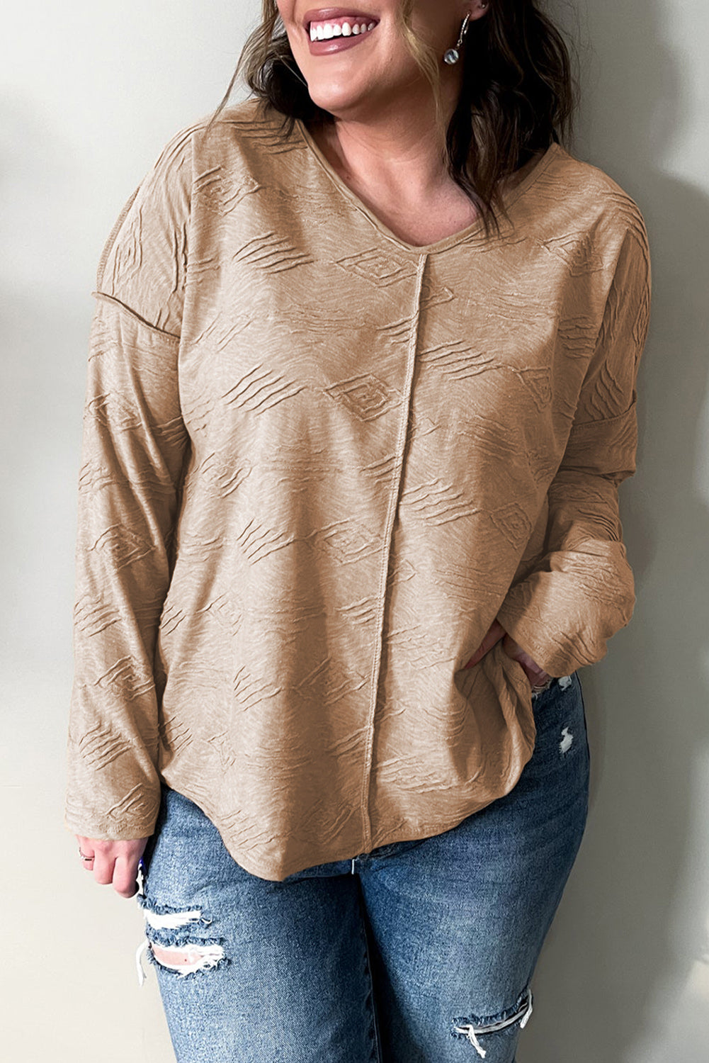 Plus Size Textured Drop Shoulder Exposed Seam Top | Khaki