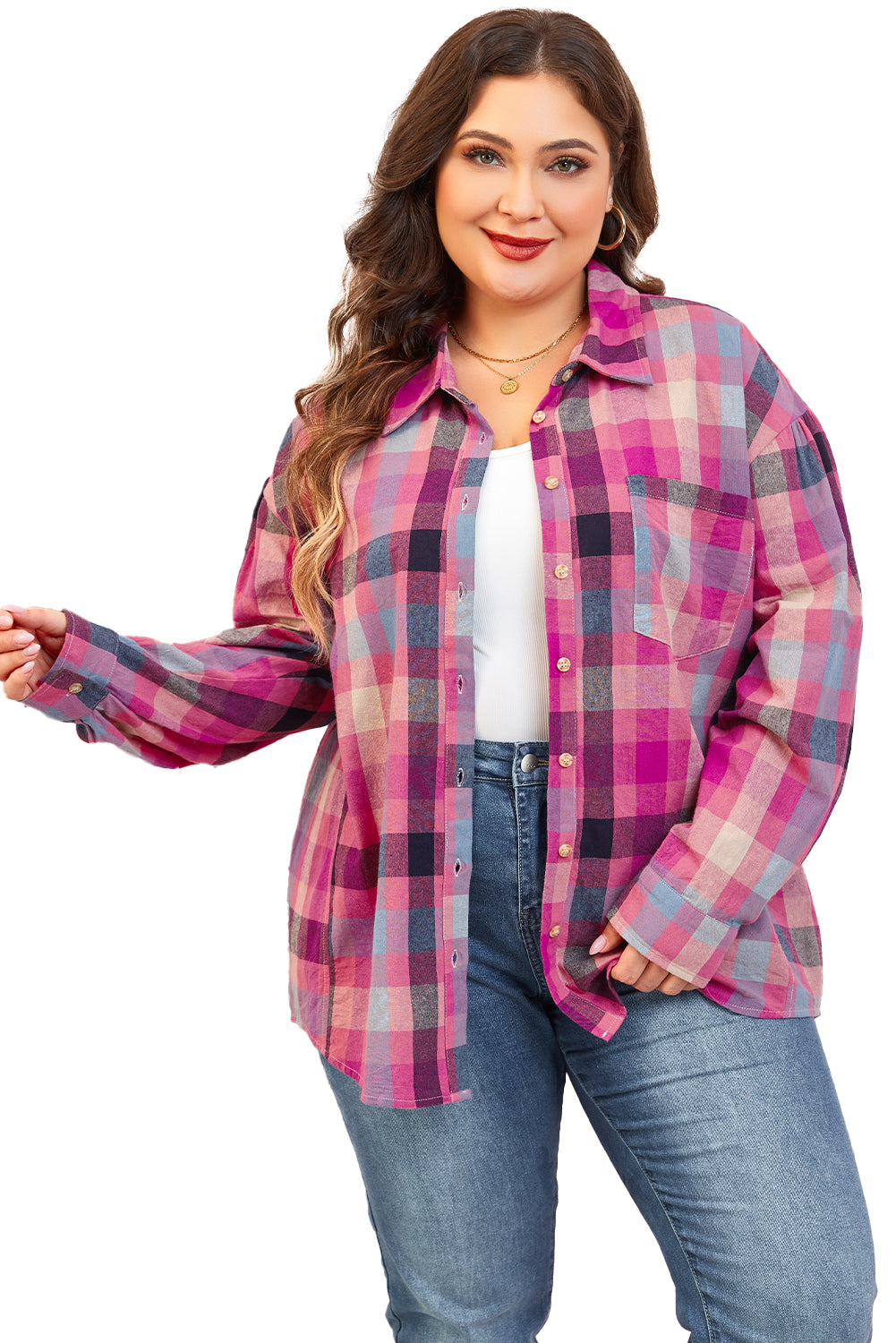 Plus Size Checkered Print Button Up Shirt | Rose Stripe