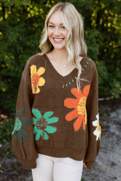 Big Flower Pattern V Neck Drop Shoulder Sweater | Coffee