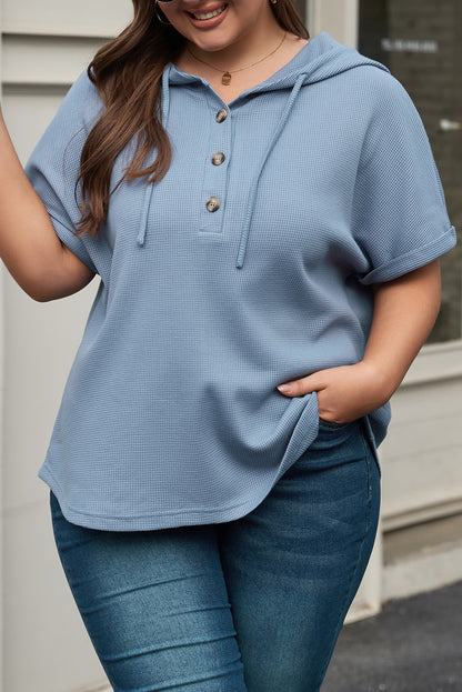 Plus Size Waffle Knit Short Sleeve Drawstring Hoodie | Ashleigh Blue