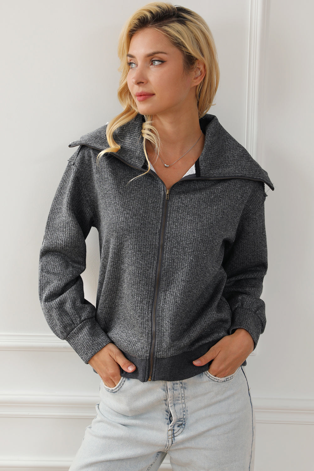 Zip Front Cape Knit Jacket | Gray