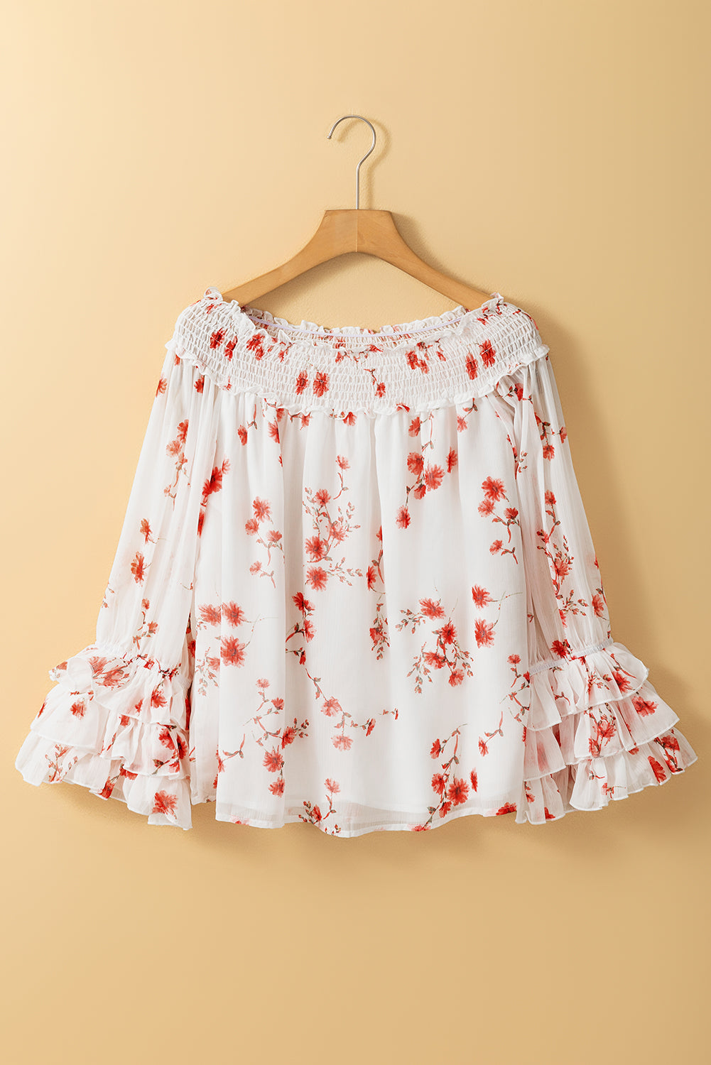 Floral Print Shirred Off Shoulder Ruffled Sleeve Blouse | White