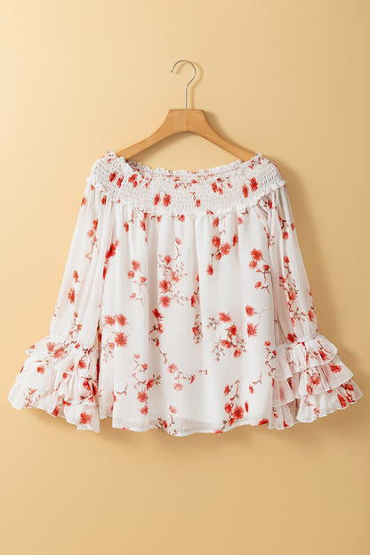 Floral Print Shirred Off Shoulder Ruffled Sleeve Blouse | White