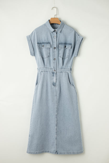 Short Batwing Sleeve Slit Back Denim Dress | Beau Blue