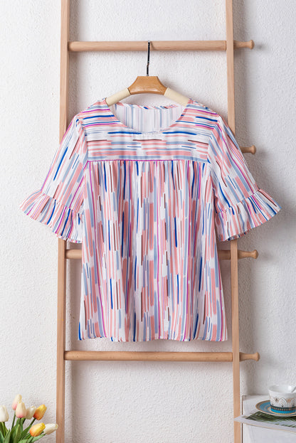 Multicolour Striped Splash Half Sleeve Blouse | White