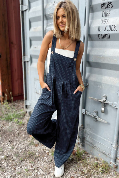 Plaid Print Buttoned Pocketed High Waist Overall | Sail Blue