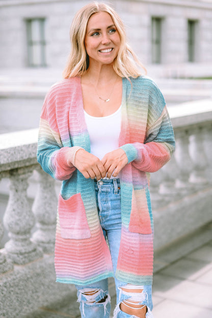 Gradient Knit Open Cardigan With Pockets | Green