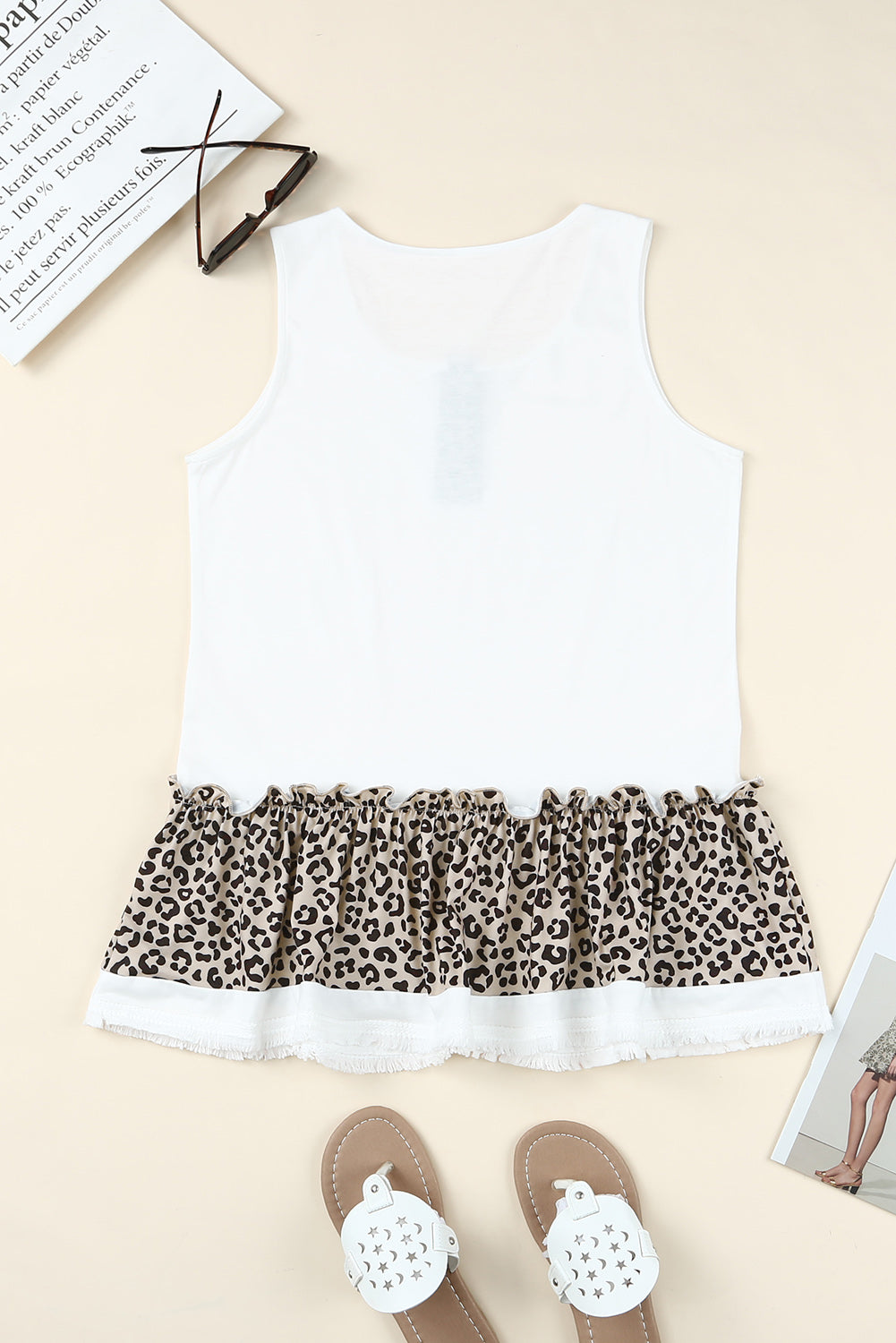 Leopard Peplum Hemline Flowy Tank Top | White