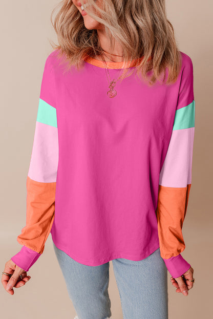 Colourblock Patchwork Long Sleeve Loose Top | Rose Red