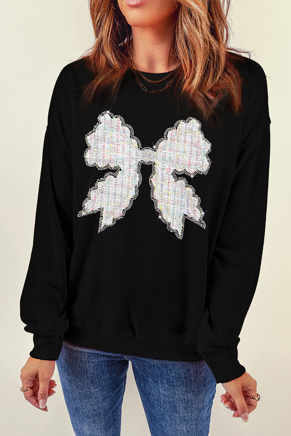 Rhinestone Decor Bowknot Graphic Pullover Sweatshirt | Black