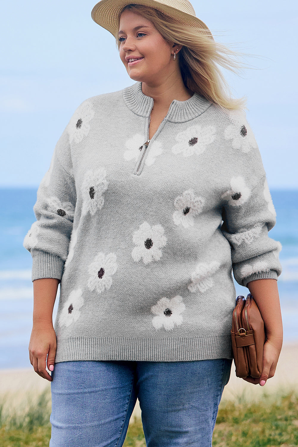 Plus Size Embroidered Floral Pattern Half Zip Sweater | Gray