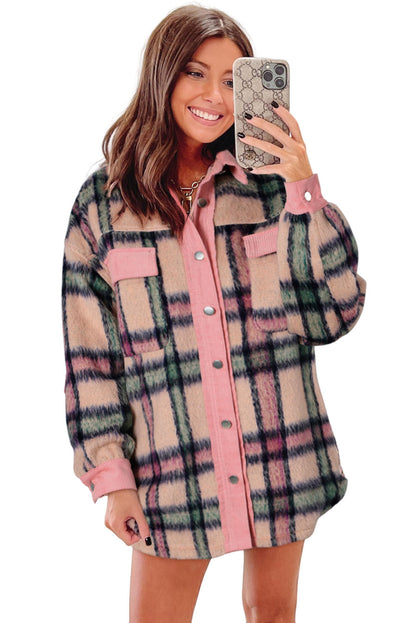 Fuzzy Plaid Corduroy Patchwork Shacket | Pink