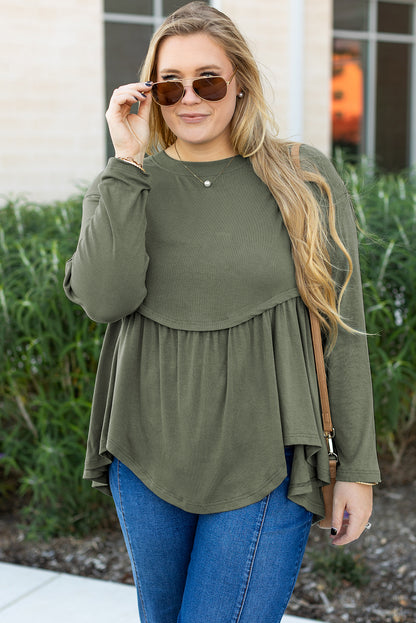 Plus Size Thermal Knitted Babydoll Flare Top | Mist Green