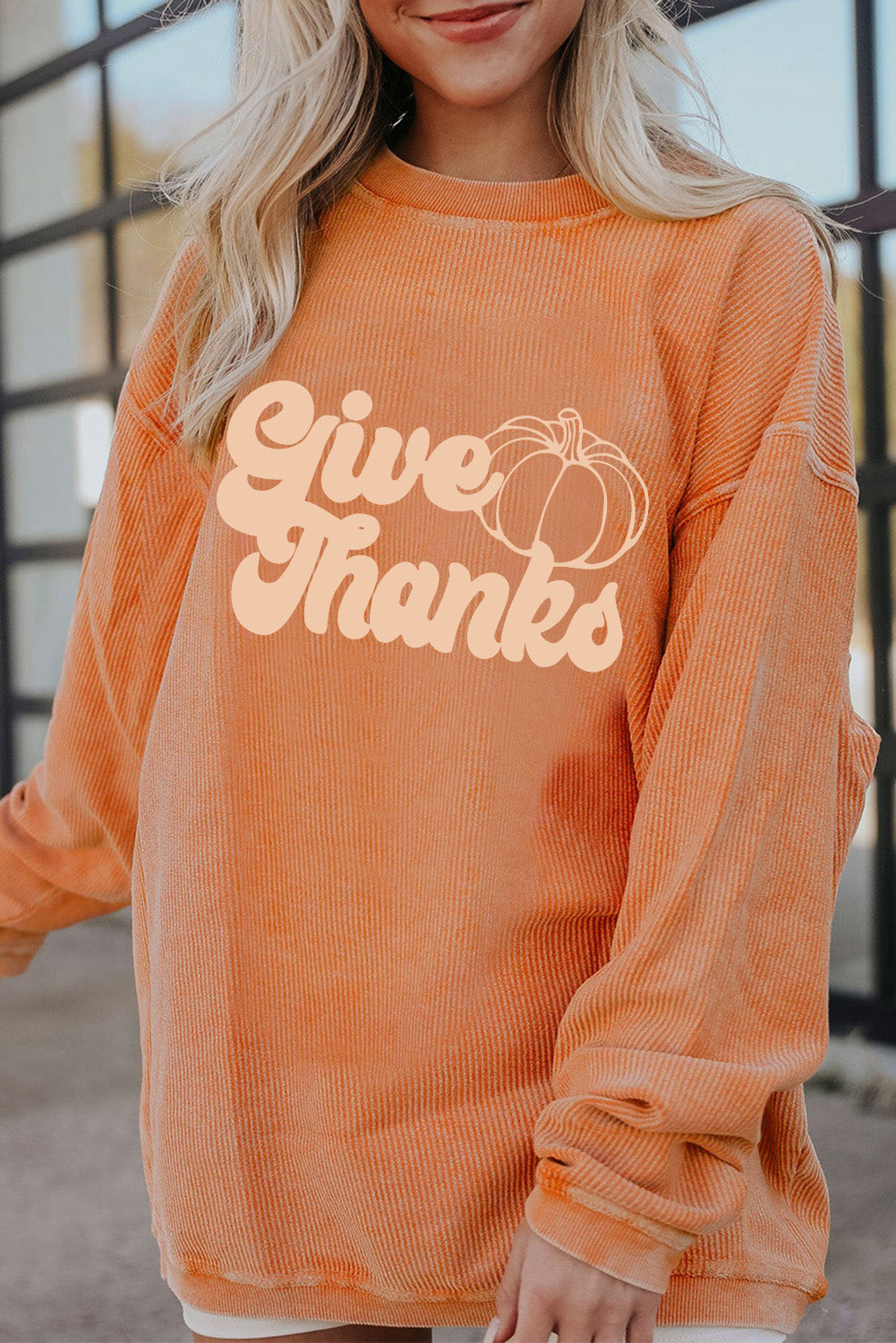 Give Thanks Pumpkin Graphic Corded Sweatshirt | Orange