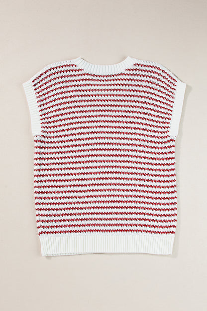 Ribbed Trim Loose Fit Knitted Sweater Vest | Red Stripe